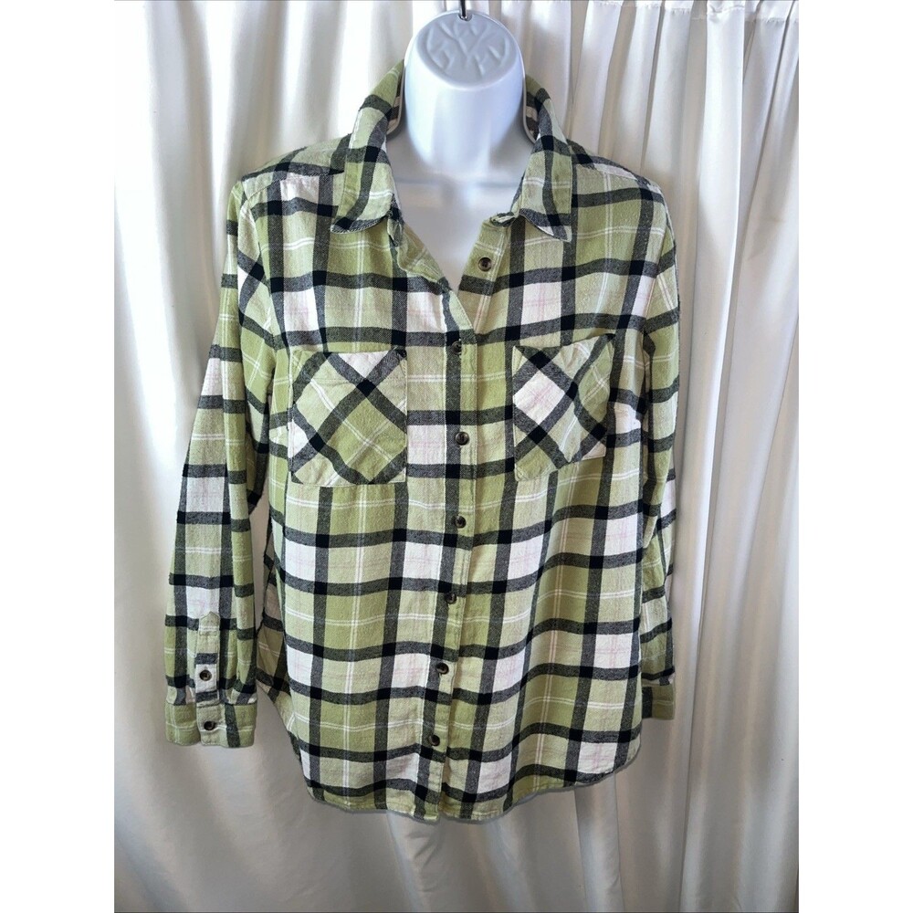 Dip Womens 100% Organic Cotton Green Plaid Fannel Shirt Size M Front Pockets